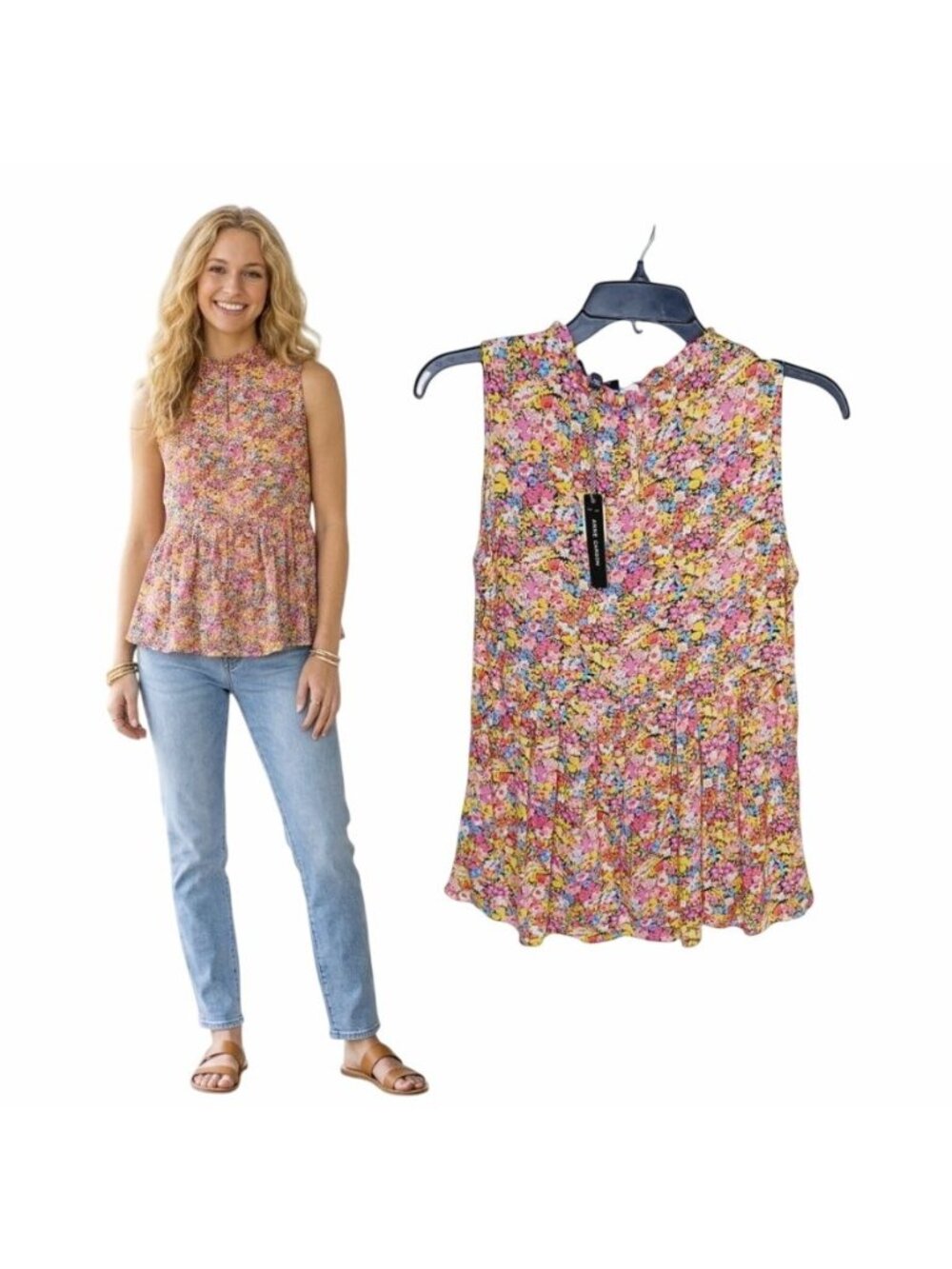 ⭐Anne Carson Women Blouse Top Sz S Sleeveless Peplum Micro Floral Pink Spring